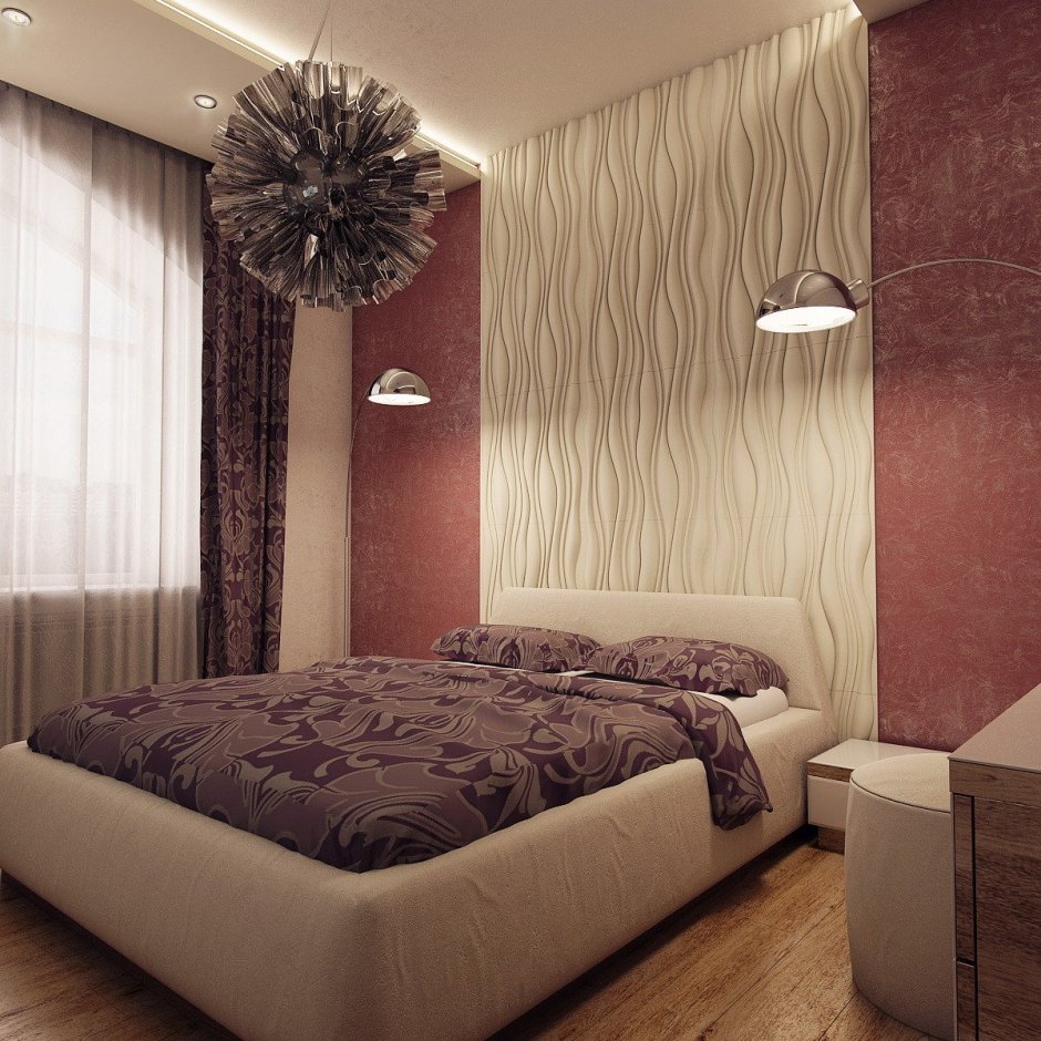 Дизайн спальни с 3д панелями над кроватью