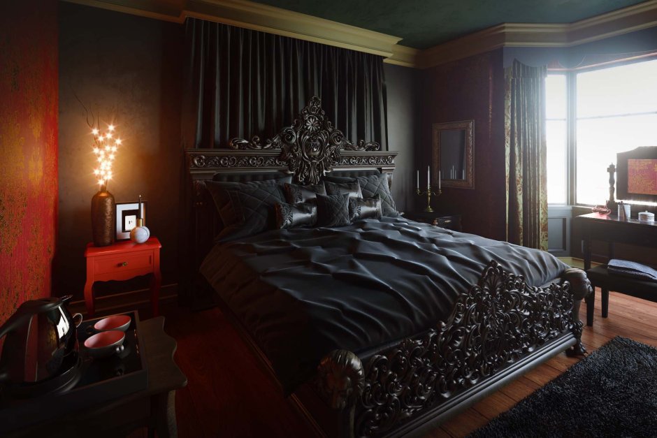Спальня с черной резной кроватью